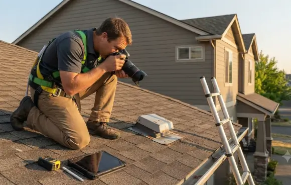 Roofing advertising creative featuring a professional roofing project